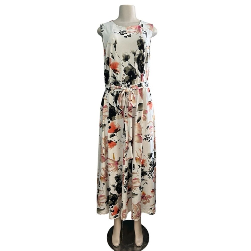 Shelby & Palmer Cream Floral Sleeveless Maxi Dress with Tie Plus Size XL